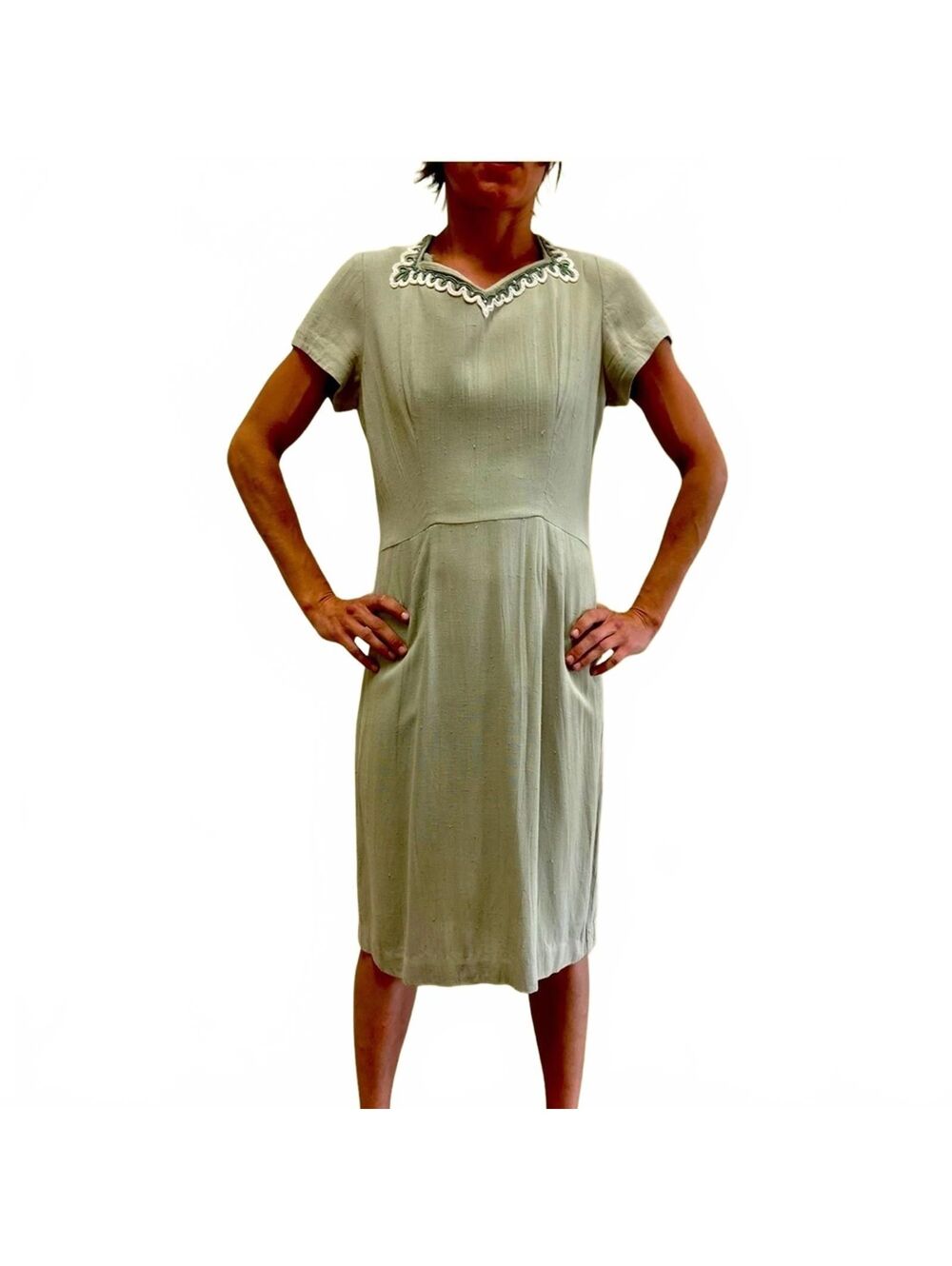 70s Sage Green Handmade Cocktail Dress Beaded V Neck